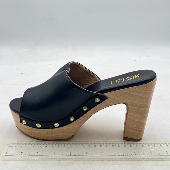 miss left Black Platform Chunky High Heel Mules Open Toe Studded Slide Sandals - Picture 2 of 8